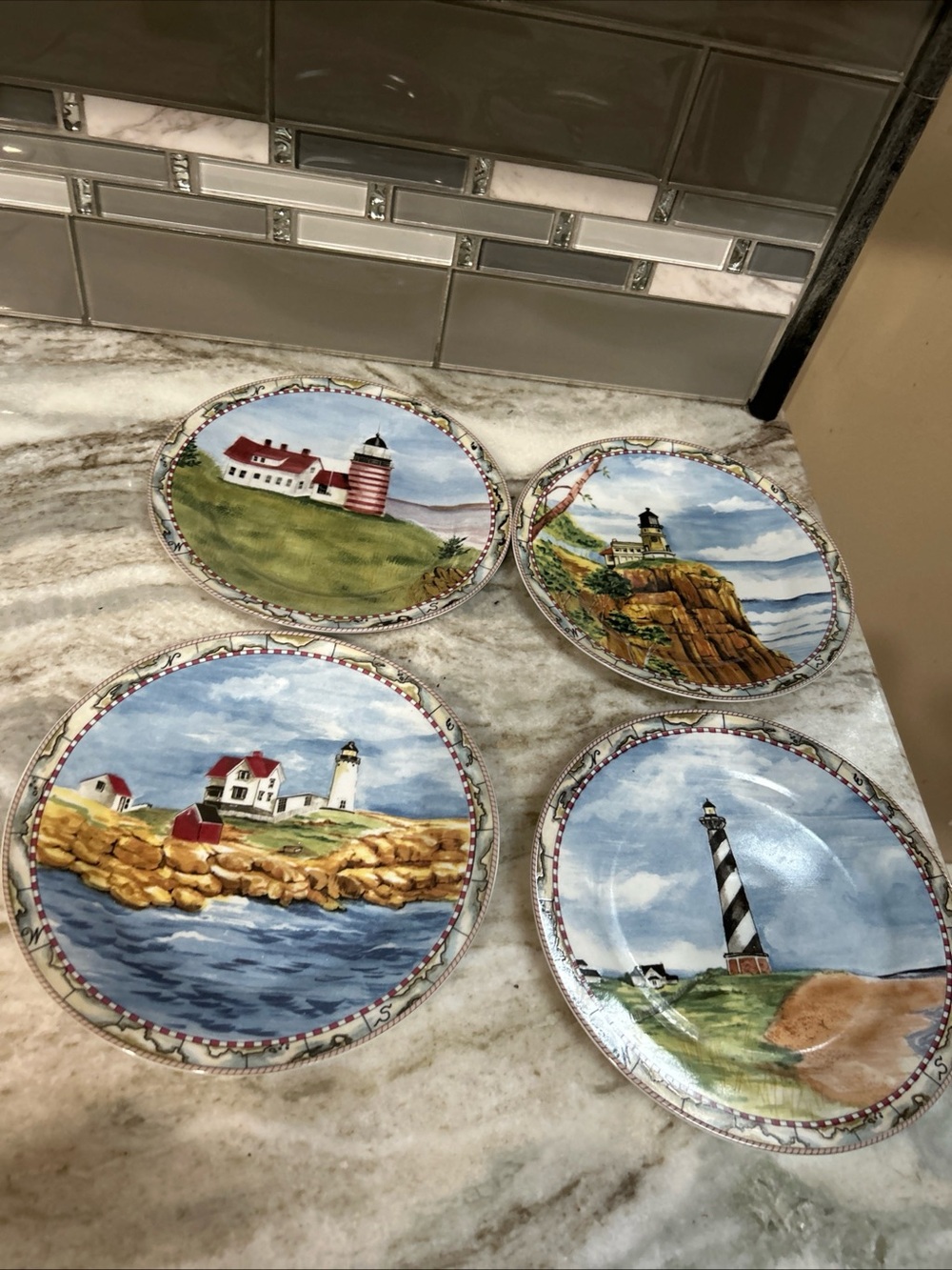 American Atelier Signals Porcelain 8" Salad Plates Set of 4 Nautical Light House
